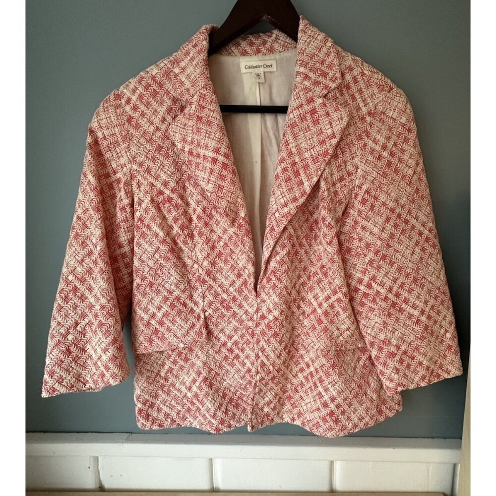 COLDWATER CREEK WOMEN'S CORAL & CREAM 3/4 SLEEVE BLAZER JACKET - SIZE 14 *READ*